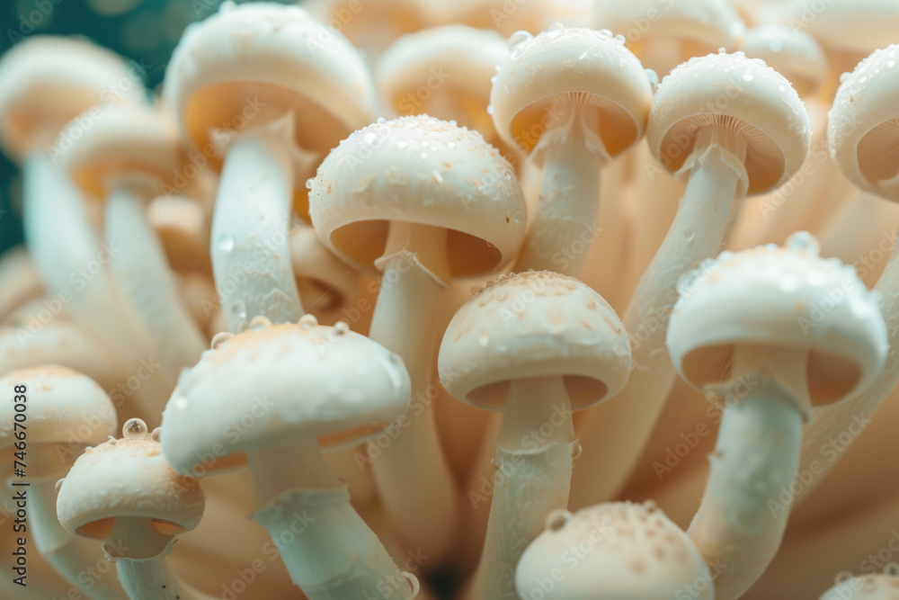 close-up, a lot of porcini mushrooms with dew drops close-up, a lot of porcini mushrooms with dew drops