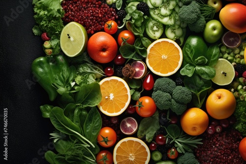 Assorted fruits and vegetables on a sleek black background, perfect for healthy eating concepts