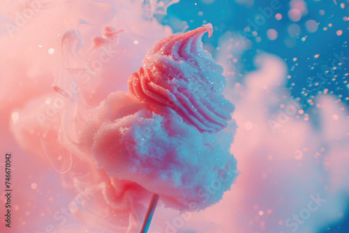 pink cotton candy on a stick, marshmallows in the shape of a pyramid, a shiny air cloud on a stick, on a background with bokeh photo