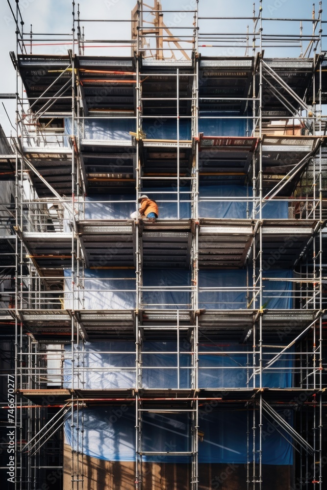 A construction worker on a scaffolding in front of a building. Suitable for construction industry concepts A construction worker on a scaffolding in front of a building. Suitable for construction industry concepts