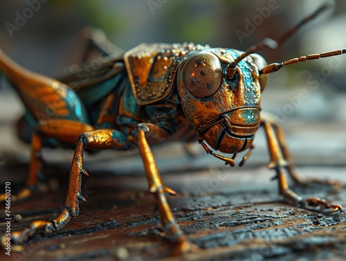 a toy golden grasshopper is sitting on a wooden table, in the style of futuristic visions, photo-realistic drawings, i can't believe how beautiful this is, gold and azure, vray, precisionist, charming © Smilego