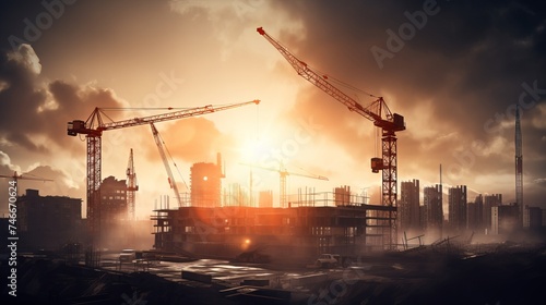 Abstract Industrial background with construction cranes and sunlight