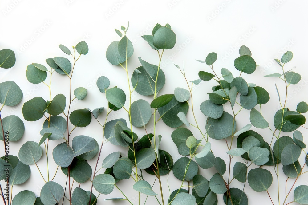 A bunch of green leaves on a white surface. Perfect for nature or environmental concepts - obrazy, fototapety, plakaty 