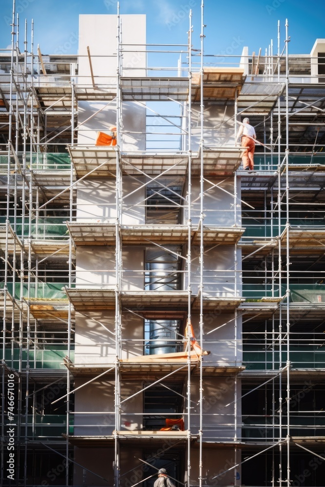 A man standing on a scaffolding platform in front of a building. Ideal for construction or renovation concepts