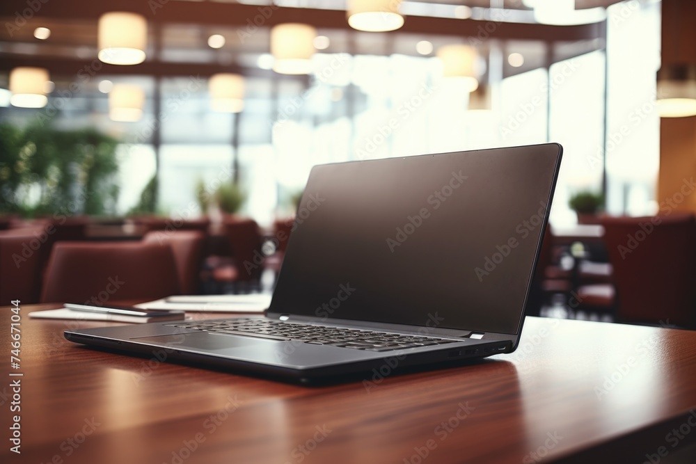 Fototapeta premium Modern laptop on rustic wooden surface, suitable for technology and workspace concepts