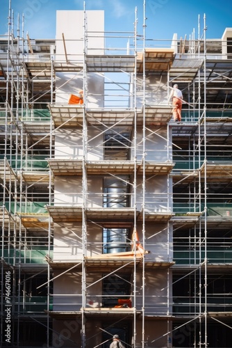 A man standing on a scaffolding platform in front of a building. Ideal for construction or renovation concepts