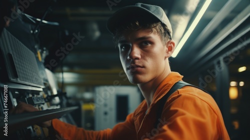 A young man in an orange shirt and cap working on a machine. Suitable for industrial and manufacturing concepts