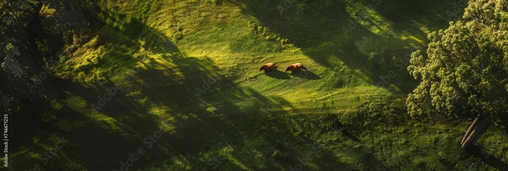 Aerial view of a cow in a verdant field with flowing patterns, depicting rural beauty and agricultural landscapes Aerial view of a cow in a verdant field with flowing patterns, depicting rural beauty and agricultural landscapes
