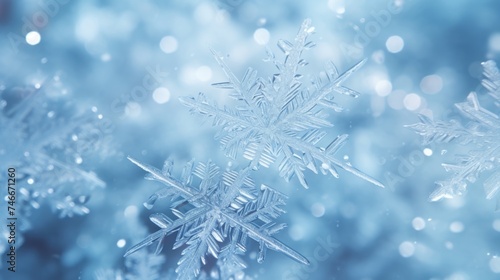 Close up of snowflakes on blue background. Suitable for winter themes