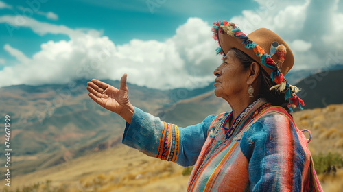 Mature woman in Andean traditional attire greeting in mountain landscape, suitable for culture and travel themes.