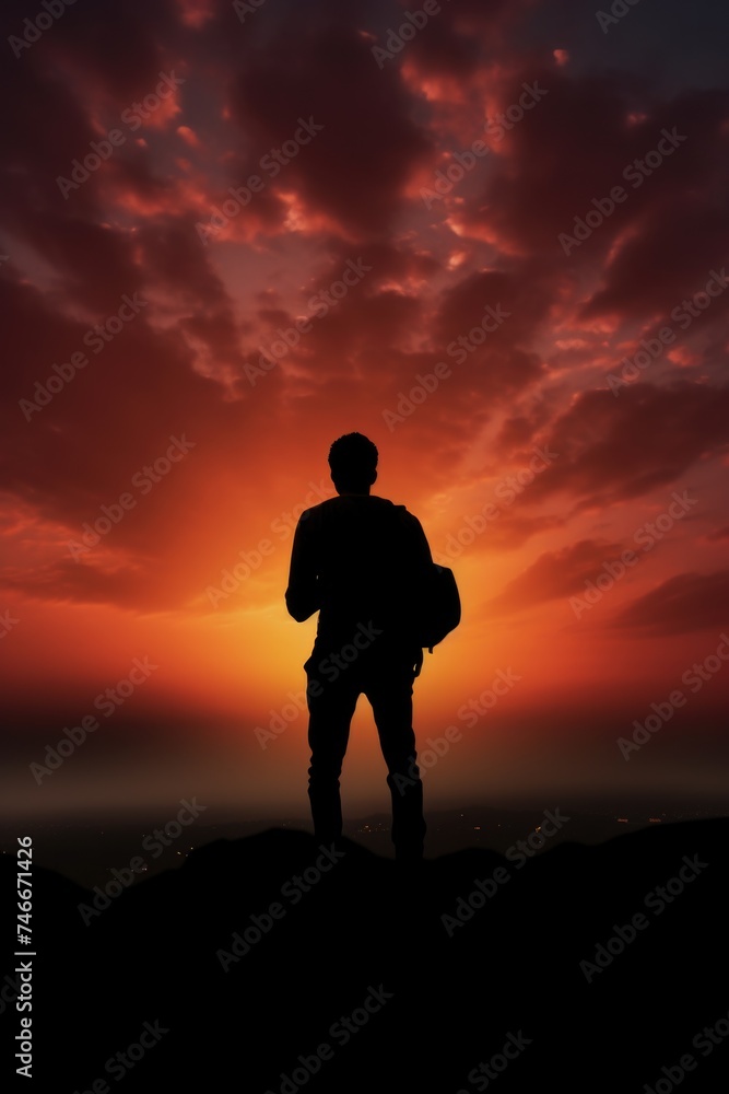 A man standing on top of a mountain at sunset. Suitable for inspirational and motivational content