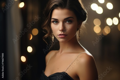 A woman in a black dress posing for a picture. Suitable for fashion blogs or photography websites