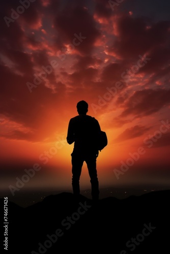 A man standing on top of a mountain at sunset. Suitable for inspirational and motivational content