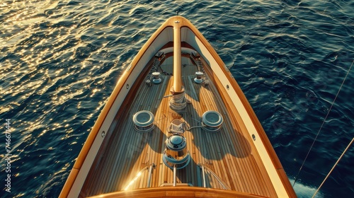 The prow of a big wooden yacht cutting through the sea, symbolizing the allure of luxury sailing.
