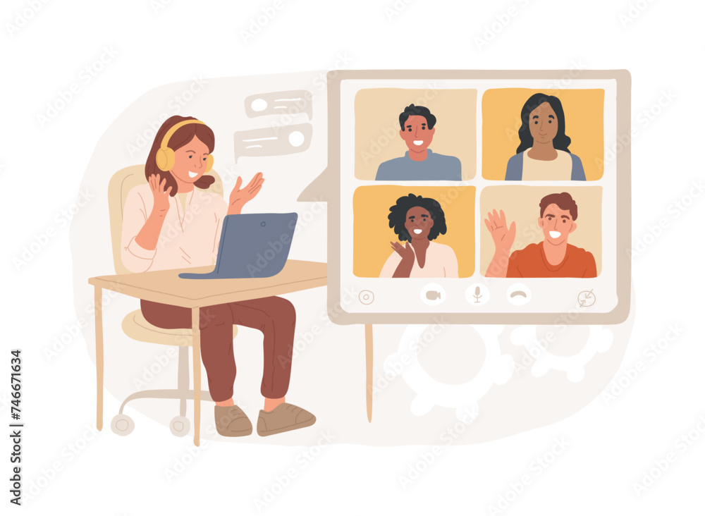 Online workshop isolated concept vector illustration. Digital workshop, online topic course, distance web learning, group video call, webcam laptop screen, educational webinar vector concept.