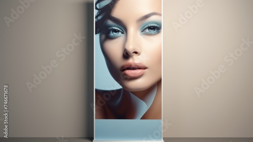 A roll up banner featuring a woman's face. Suitable for advertising and promotions