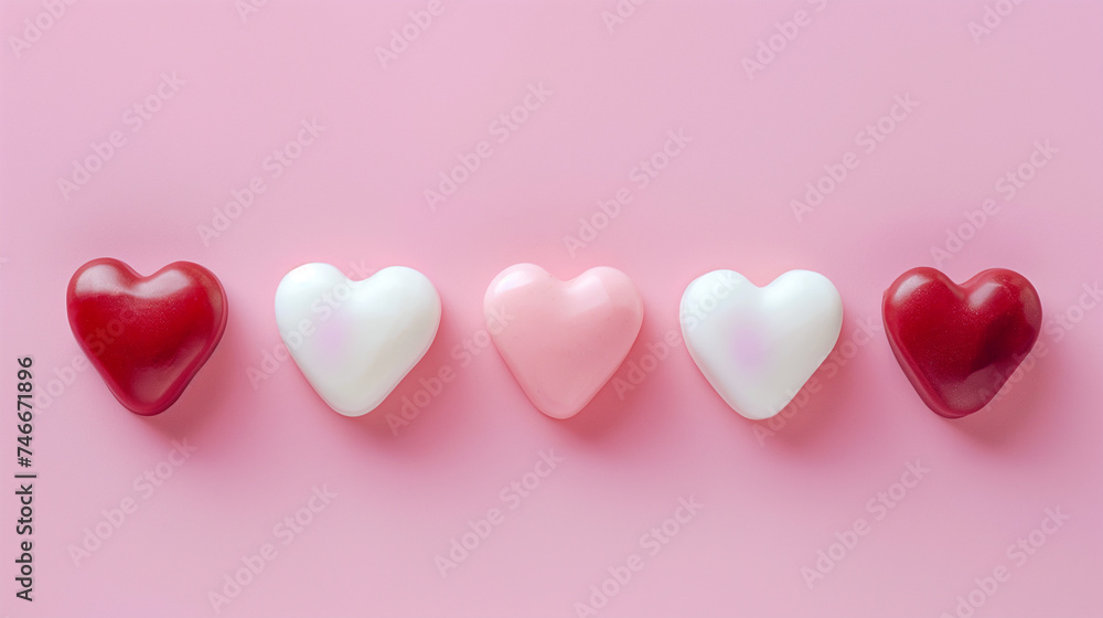 Top view of symmetrical ceramic hearts in red, pink, and white, ideal for Valentine's designs.