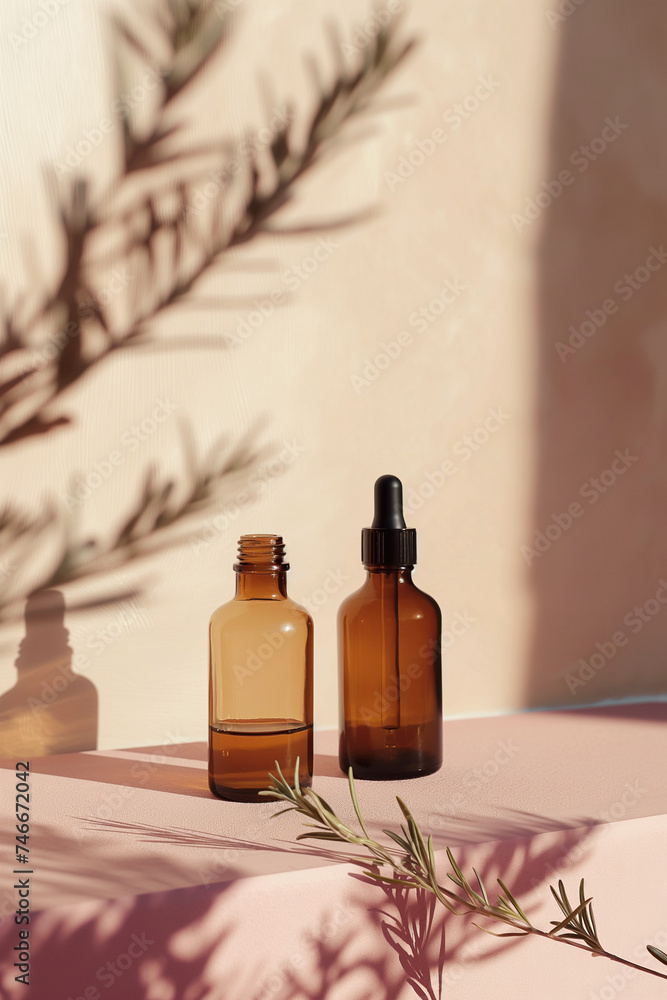 Two amber glass bottles with essential oils on a table, in natural sunlight ideal for wellness and spa marketing. Two amber glass bottles with essential oils on a table, in natural sunlight ideal for wellness and spa marketing.