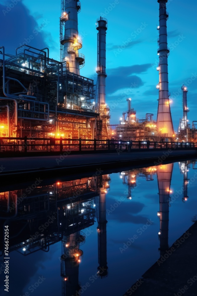 Naklejka premium Industrial oil refinery at night with reflection in water. Suitable for energy and manufacturing concepts