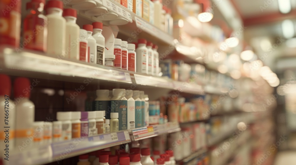 Fototapeta premium Various bottles of liquid neatly arranged on a store shelf. Ideal for product display concepts