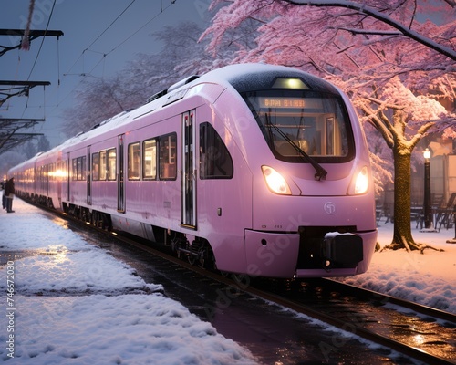 a train moving down a track with snow falling outside of it, in the style of light purple and yellow, tenwave, 32k uhd, streamlined design, i can't believe how beautiful this is photo