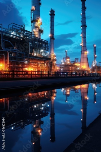Industrial oil refinery at night with reflection in water. Suitable for energy and manufacturing concepts