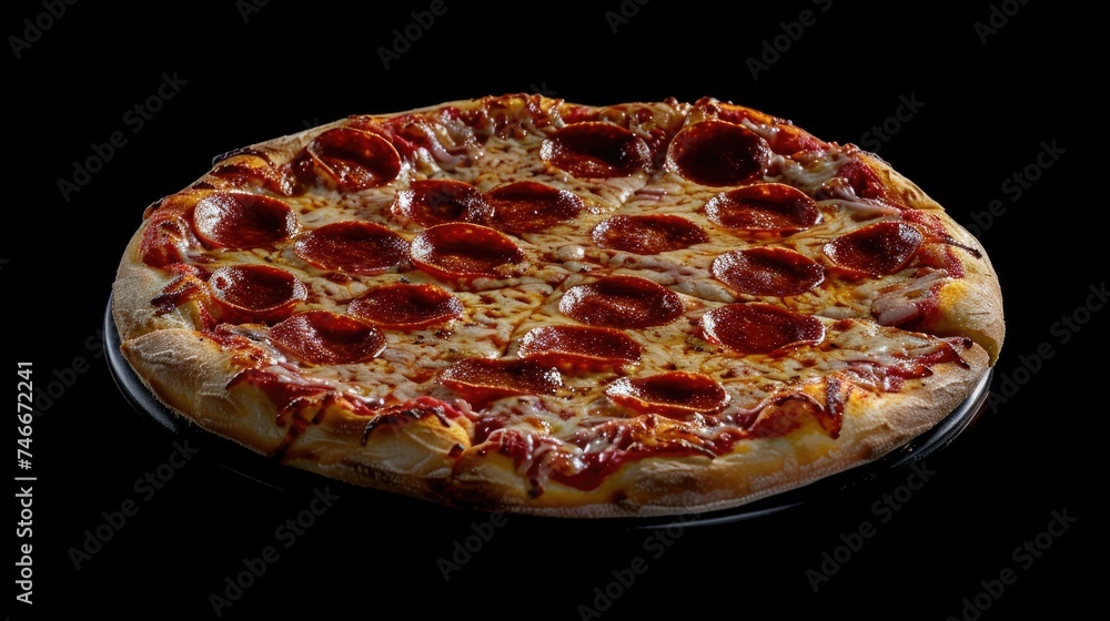 Delicious pepperoni pizza on a pan, perfect for food blogs Delicious pepperoni pizza on a pan, perfect for food blogs