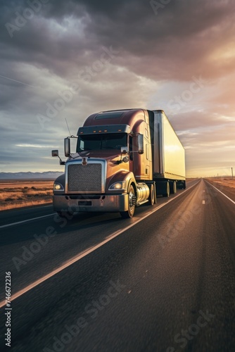 A semi truck driving down a highway at sunset. Suitable for transportation themes