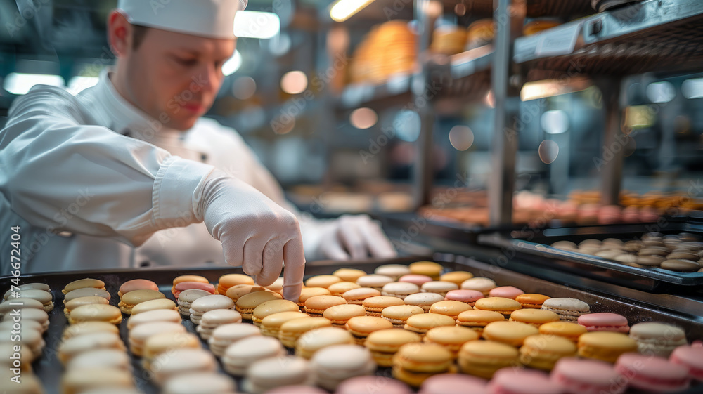 A baker preparing macarons in a factory.
