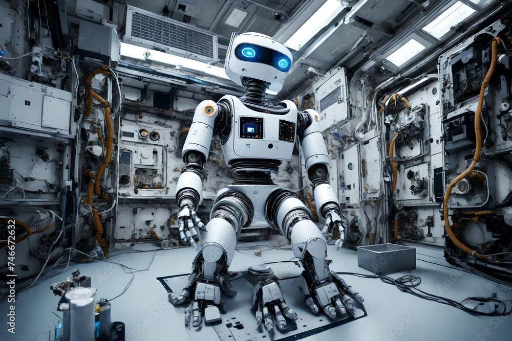 : A humanoid robot performing maintenance tasks in a space station, demonstrating AI's role in space exploration and colonization
