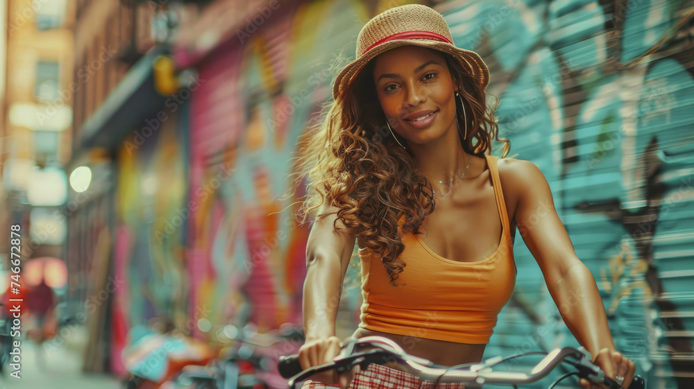 A young woman cycling in the city, smiling.
