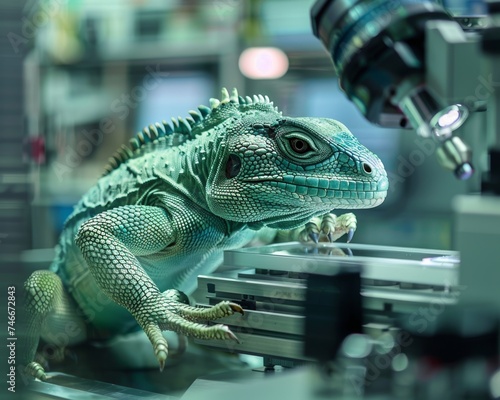 A basilisk camelion in a nanorobotics lab, where its gaze influences the microscopic machines, intertwining myth with nano-engineering