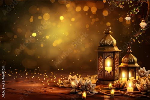 Burning Lanterns, flowers, candles in the background, gold dust, bokeh effect. Banner with space for your own content.