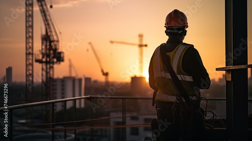 Architect civil Engineer and worker checking project at building site background, construction site at sunset in evening time. Silhouette of construction