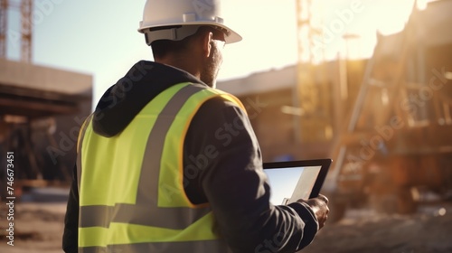 A man in a hard hat holding a tablet computer. Ideal for construction industry concepts