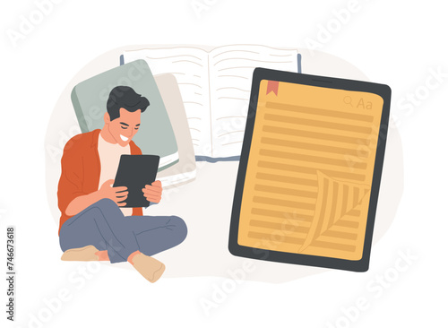 E-book isolated concept vector illustration. Searchable digital library, education reading online, easy access knowledge, elearning, electronic book, web archive, tablet device vector concept.