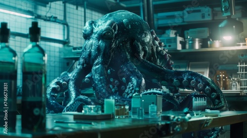 A kraken in an ocean-based laboratory, assisting in genetic coding research, merging deep sea mythology with genetic advancements photo