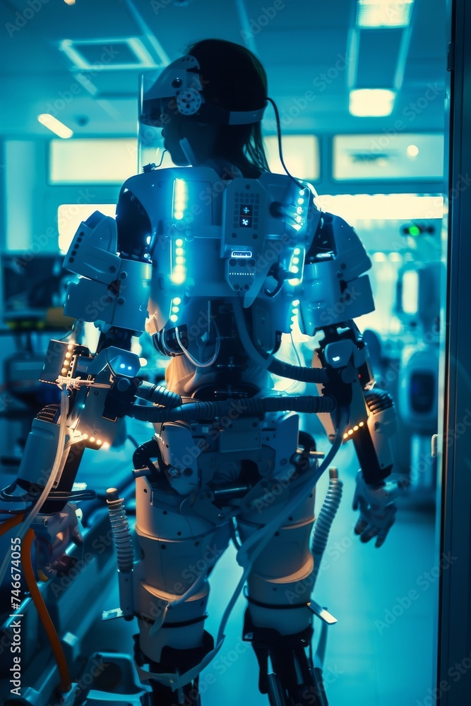 A patient in a robotic exoskeleton for rehabilitation, futuristic robotics design, clinical setting, empowering and detailed