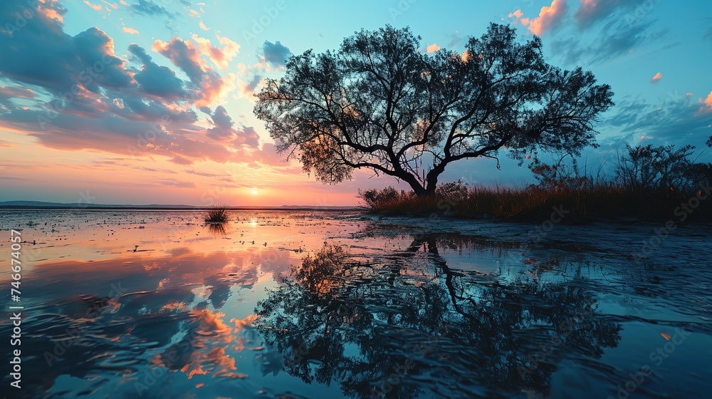 a tree is standing in the sand at sunset, in the style of romantic moonlit seascapes, dark sky-blue and light pink, mirrored realms, calm waters, geographic photo, landscape - obrazy, fototapety, plakaty 