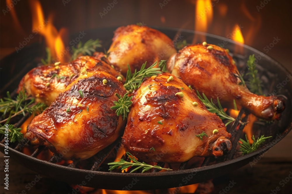 Closeup Roasted chicken legs on grill with flames and smoke Closeup Roasted chicken legs on grill with flames and smoke