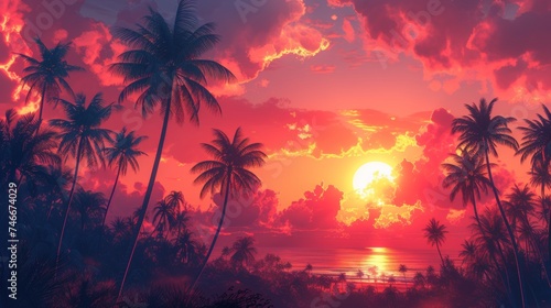 A Painting of a Sunset With Palm Trees © cac_tus