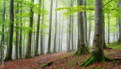 spring beech forest on a foggy morning