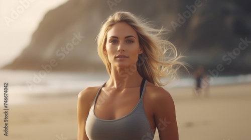 A woman standing on a beach next to the ocean. Ideal for travel brochures