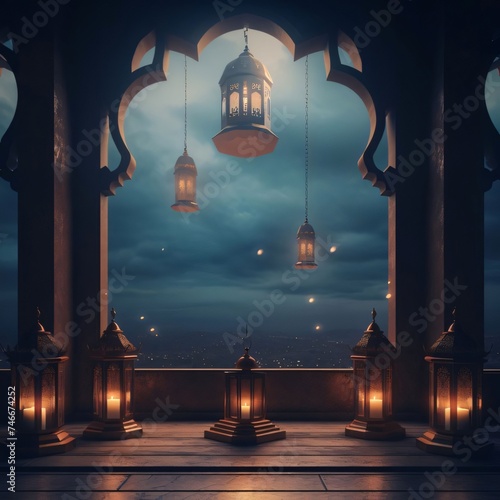 Stojące na balkonie palące się lampiony, nocne, zachmurzone niebo. Lantern as a symbol of Ramadan for Muslims. photo