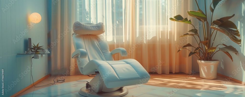 Fototapeta premium A serene scene of pain management therapy, soothing colors, non-invasive technology in use, calming and detailed