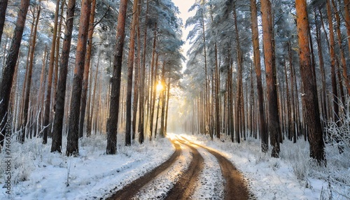 magnificent frosty december morning a sunlight punching a gaze lights the forest road among black trunks of pines