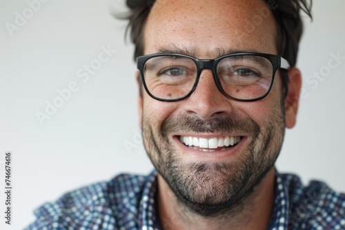 A man wearing glasses and a plaid shirt, smiling. Ideal for business or casual concepts