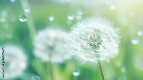 Beautiful dew water drop on a dandelion flower on blurred green background  macro.  Soft dreamy elegancy artistic image tenderness and fragility of nature
