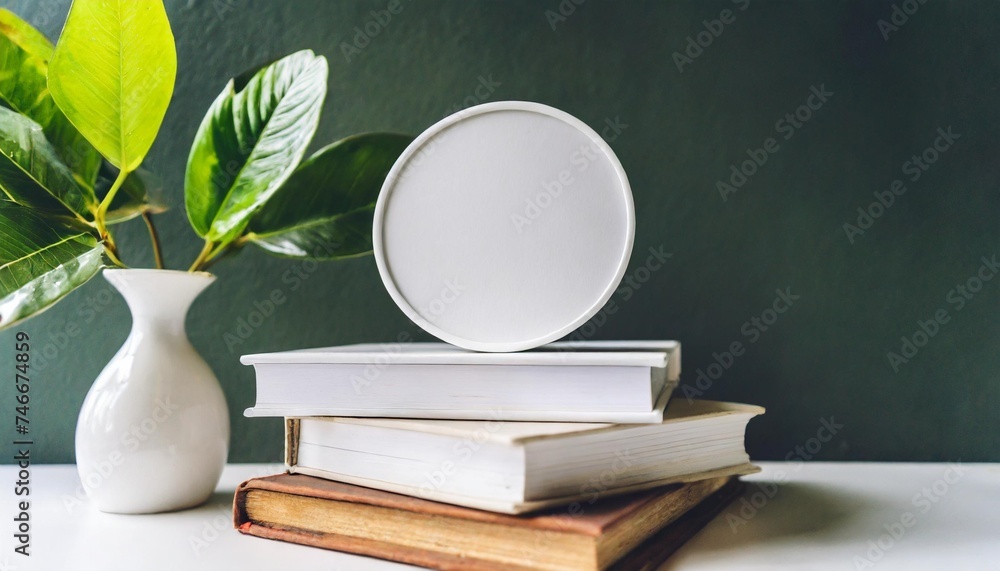blank white picture frame poster mockup modern table white top still life composition organic shape vase green leaf plant small round vase on top of a stack of 3 small books - obrazy, fototapety, plakaty 