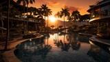 a view of a resort during sunset, in the style of sumatraism, white and bronze, exacting precision, abbott fuller graves, vfxfriday